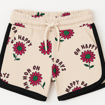 BEIGE OH HAPPY DAYS PRINT SHORTS FOR GIRLS